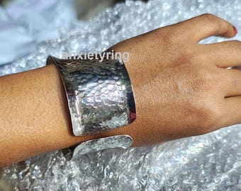 925 Sterling Silver Hammered Finish Wide Cuff Bracelet,Beautiful Fashion Hammered Adjustable Cuff Bracelet,Large Bracelet,