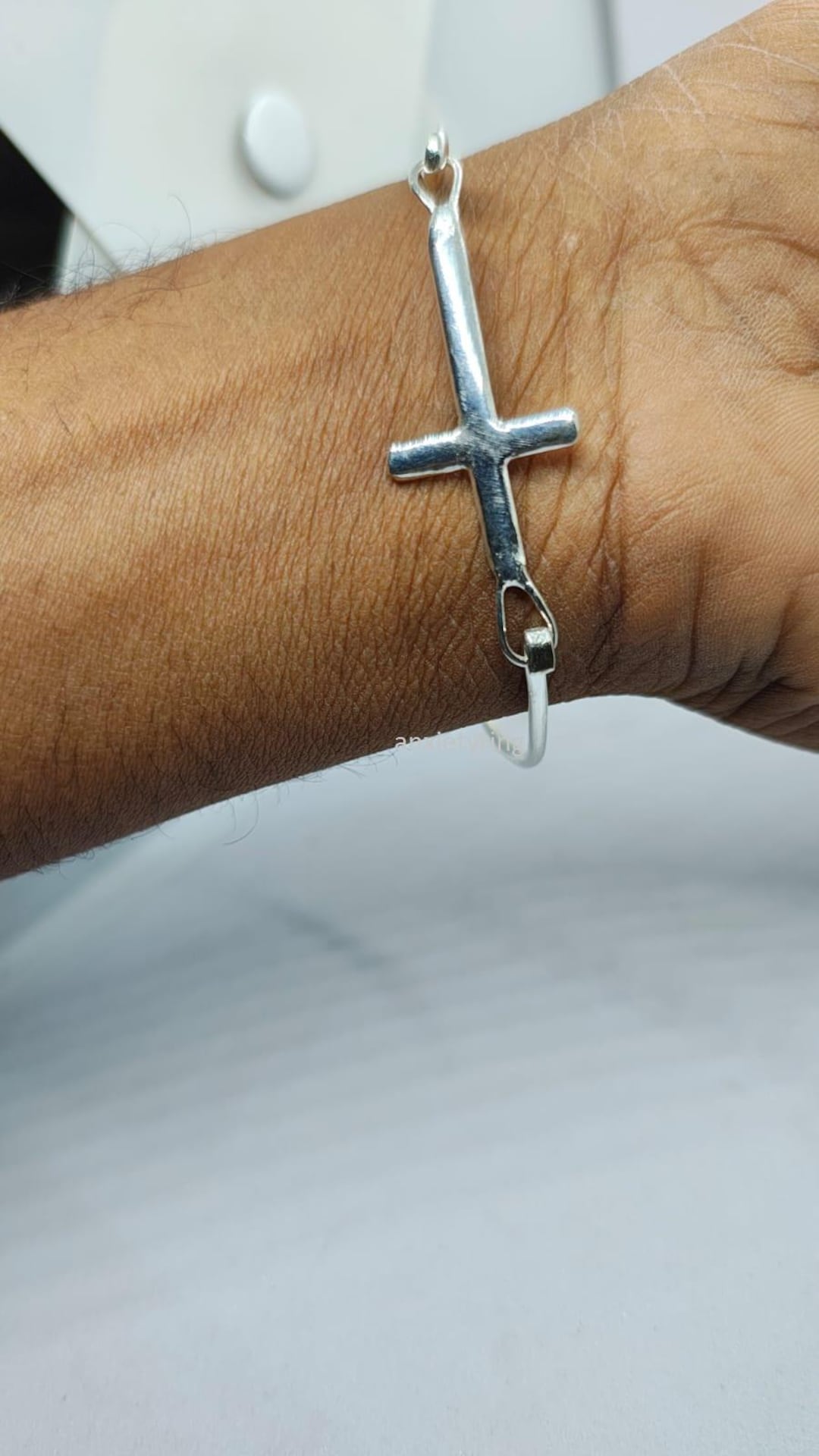 925 Sterling Silver Sideways Cross Bangle Hook Style Clasp
