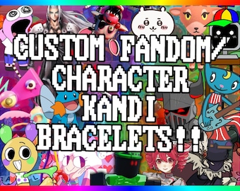 Puede incluir: Imagen vibrante con borde arcoíris que muestra varios personajes de dibujos animados. Texto blanco en negrita que dice "CUSTOM FANDOM CHARACTER KANDI BRACELETS!!". El fondo es un collage de ilustraciones coloridas, sugiriendo pulseras personalizadas.