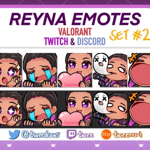 May include: A set of eight animated emojis featuring the Valorant character Reyna. The emojis depict Reyna in various expressions, including surprised, crying, and holding a heart. The emojis are designed for use on Twitch and Discord. The text "REYNA EMOTES VALORANT TWITCH & DISCORD SET #2" is displayed at the top of the image.