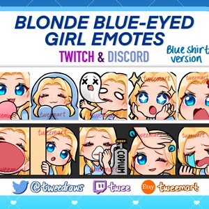 10 Blonde Blue-eyed Streamer Girl Emotes (Blue Shirt Ver.)