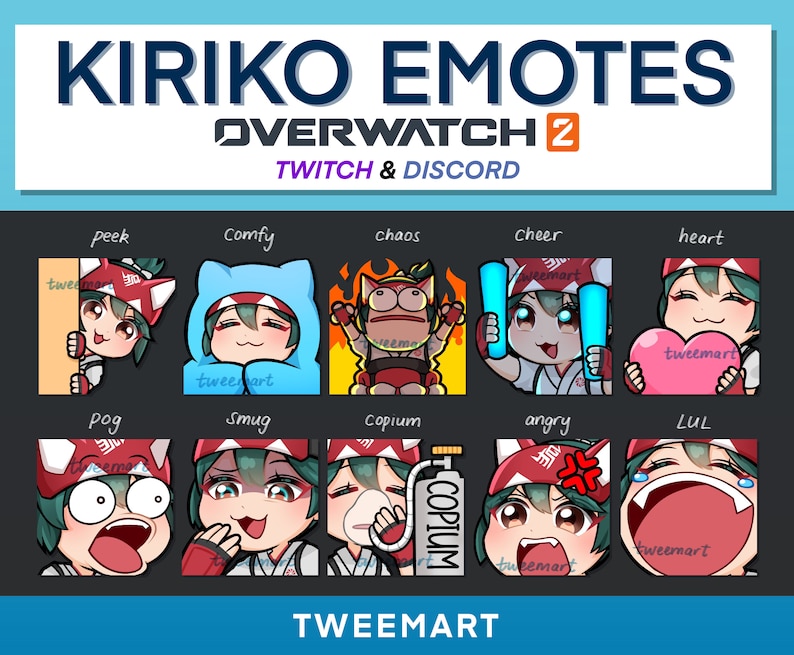 May include: A set of 10 digital emotes featuring a cartoon character with red hair and green eyes. The emotes depict various expressions, including peek, comfy, chaos, cheer, heart, pog, smug, copium, angry, and lul. The emotes are designed for use on Twitch and Discord.