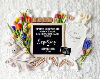Spring Pregnancy Announcement Digital Baby Announcement Editable Template Social Media Spring Baby Reveal Instant Download We are expecting