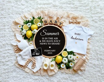 Summer Is In The Air Pregnancy Announcement Digital, Baby Announcement Facebook Instagram Baby Reveal, Editable Template, Summer Baby Lemon