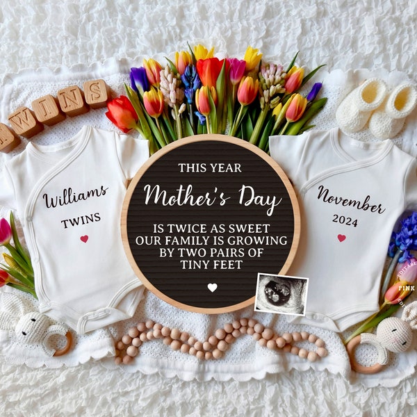 Mother's Day Twin Pregnancy Announcement Digital, Gender Neutral, Editable template, Twins Pregnancy Reveal, Spring Twin Baby Reveal