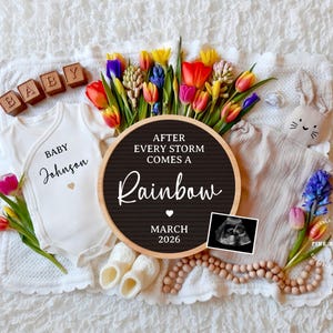 Digitale zwangerschapsaankondiging Rainbow Baby genderneutraal sjabloon Social media Baby Reveal Regenboogbaby onderweg na een storm IVF