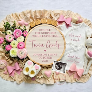 Twin Girls Pregnancy Announcement Digital, Editable Template for Social Media, Twin Girl Baby Announcement, Two Little Girls, Coquette Bow