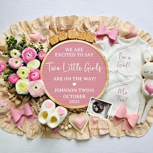Twin Girls Pregnancy Announcement Digital, Editable template for Social Media, Twin Girl Baby Announcement, Two Little Girls, Coquette Bow