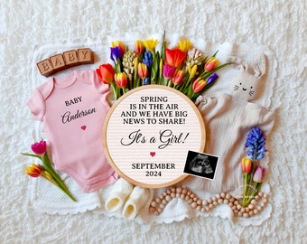 Spring is in the Air, Digital Pregnancy Announcement, Spring Baby Girl Template, Social Media Baby, March April Announcement, It's a Girl