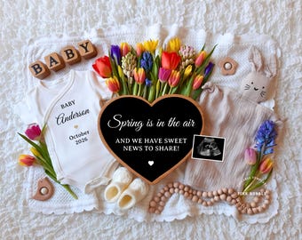 Spring Pregnancy Announcement Digital Baby Announcement Spring Editable Template Social Media Baby Reveal Spring Pregnancy Rainbow Baby