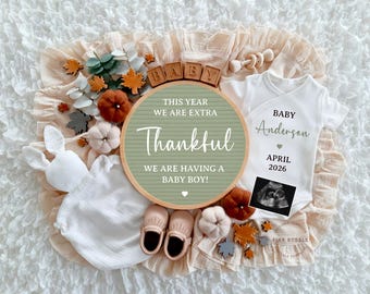 Fall Baby Boy Pregnancy Announcement Digital, Thanksgiving Baby Boy Announce Social Media Editable Template Pregnancy Reveal Extra Thankful