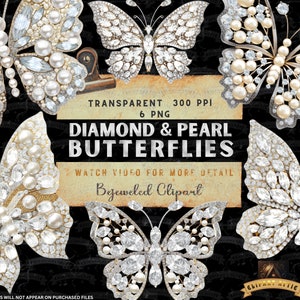 Diamond Pearl Butterflies Clipart, Butterfly Clipart, Bridal Clipart, Gems Clipart, Diamond PNG, Pearl PNG, Pearl Clipart, Diamond Clipart