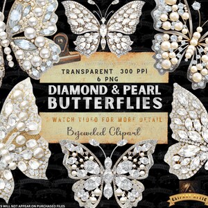 Diamond Pearl Butterflies Clipart, Butterfly Clipart, Bridal Clipart, Gems Clipart, Diamond PNG, Pearl PNG, Pearl Clipart, Diamond Clipart