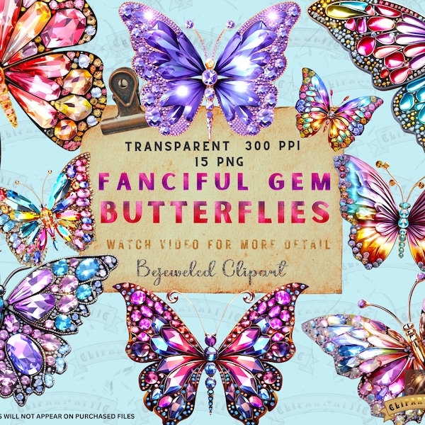 Bejeweled Butterfly, PNG Butterflies Clipart, Gemstone Clipart, Jewelry Clipart, Kid Craft, Butterfly Art, Junk Journal, Scrapbooking Files