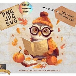 Autumn OWL Clipart, Reading PNG, Woodland Animals Clipart, Watercolor Clipart, TShirt Design, Book Clipart, Watercolor for Digital Download