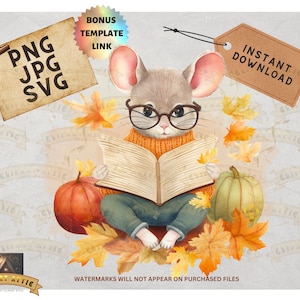 Autumn MOUSE, Reading PNG, Woodland Animals Clipart, Watercolor Clipart, TShirt Design, Book Clipart, Autumn Woodland Watercolor