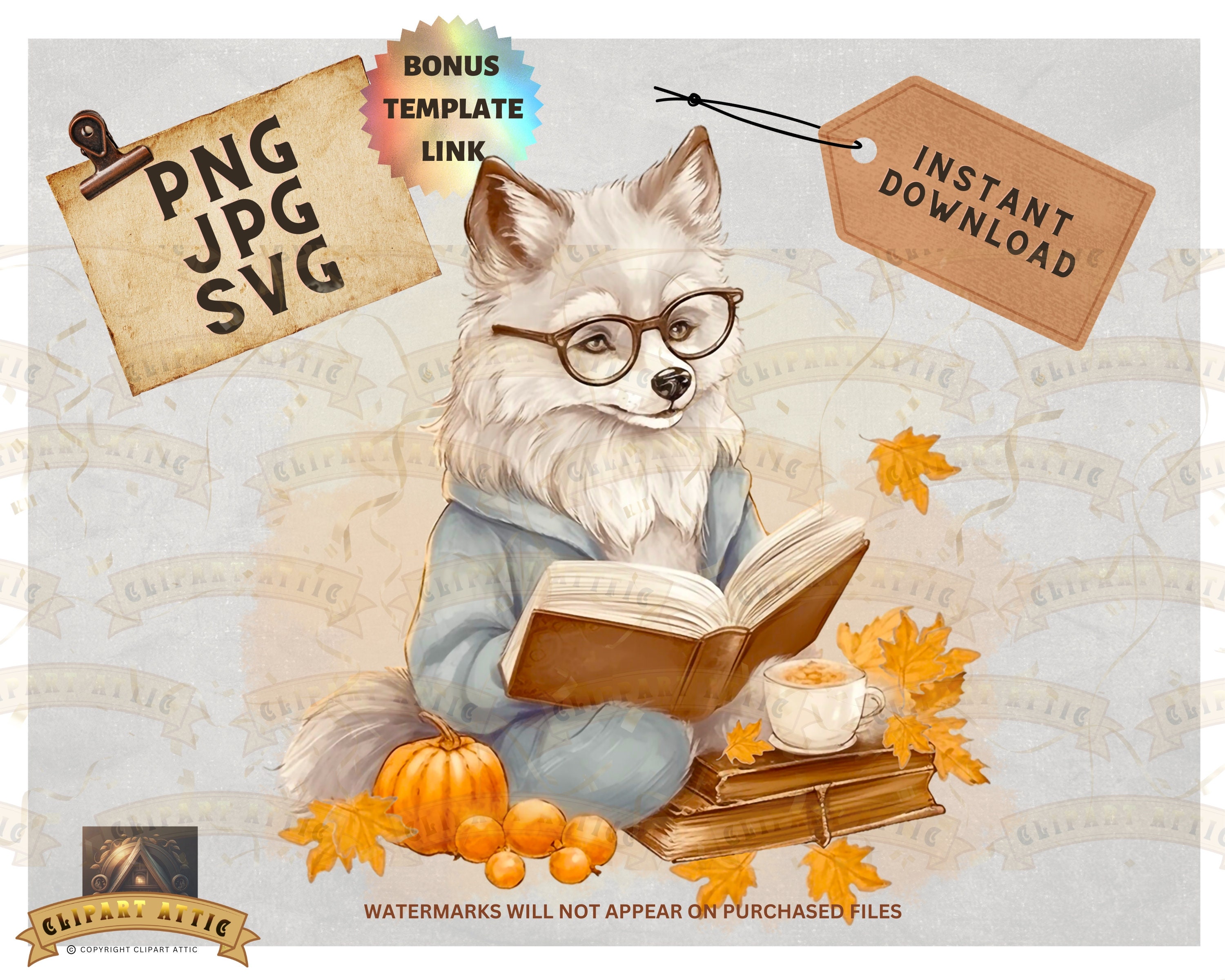 Autumn WOLF Reading PNG Woodland Animals Clipart Watercolor - Etsy