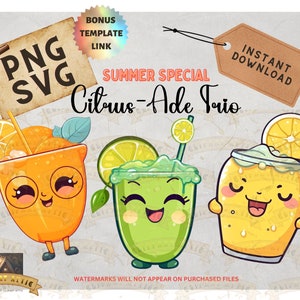 Trio de boissons aux agrumes PNG, Limonade, Orangeade, Limonade, Clipart mignon, Clipart d&#39;été, Téléchargement instantané, Orange, Citron, Citron vert, Impression commerciale