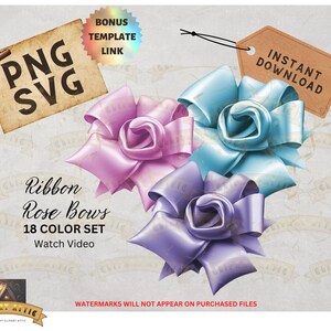 リボン ローズ ボウ クリップアート、パステル 18 パック、PNG、SVG、商業印刷用、オンデマンド印刷、デジタル ダウンロード、イースター、母の日、結婚式