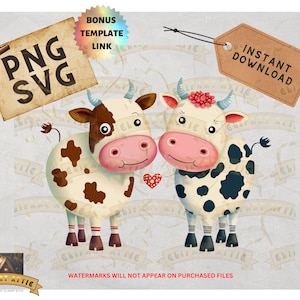 Clipart de vaches mignonnes, amour, amitié PNG, vaches de ferme, utilisation commerciale d&#39;impression, impression à la demande, téléchargement numérique, vache douce, illustration de vache