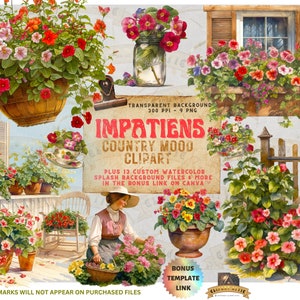 Impatiens, Giardino di campagna, Clipart portico anteriore, PNG di giardinaggio, Clipart giardino estivo, Clipart acquerello, Scrapbook, Diario, Uso commerciale