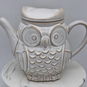 May include: A ceramic teapot shaped like an owl with a white and light grey glazed finish and tan accents. The teapot features large circular eyes, a pointed beak, and a textured feather pattern on the body, complete with a matching lid and handle.