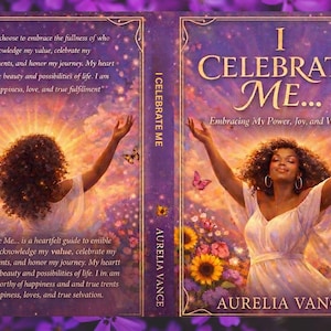 May include: A book cover featuring a woman with raised arms, set against a backdrop of flowers and butterflies. The title is "I Celebrate Me..." with the subtitle "Embracing My Power, Joy, and Worth." The author's name is Aurelia Vance.