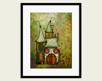Fairy Cottage. Magical fairy house. Forest and trees. Fairytale art print. Vivid imagination. JohnSullivanArt. Children's nursery picture.