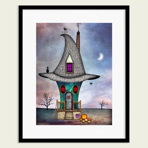 Casa de la Bruja de Halloween. Una casa de cuento de hadas mágica, caprichosa, colorida, surrealista y encantadora. Decoración de pared o de mesa. JohnSullivanArt.