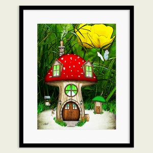 Casa de setas. Una casa de setas de cuento de hadas, caprichosa, mágica, surrealista y encantadora. Decoración de pared o de mesa. JohnSullivanArt.