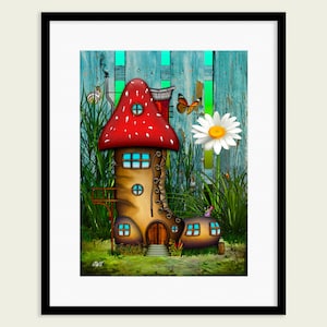 Una lámina de pared encantadora, colorida y mágica de una casa de hadas. Una lámina artística de cuento de hadas mística, caprichosa y surrealista para decorar la pared o la mesa.