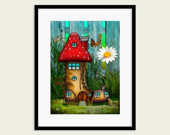 A cute, colourful, magical fairy house wall print. A mystical, whimsical and surreal fairytale art print for wall decor or tabletop.