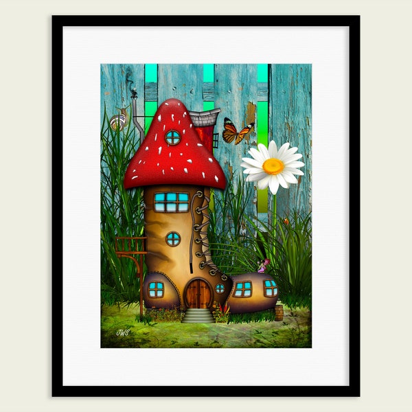 A cute, colourful, magical fairy house wall print. A mystical, whimsical and surreal fairytale art print for wall decor or tabletop.