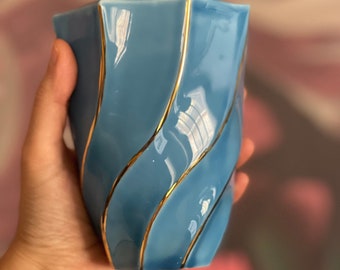 Gold Striped Blue Handleless Mug