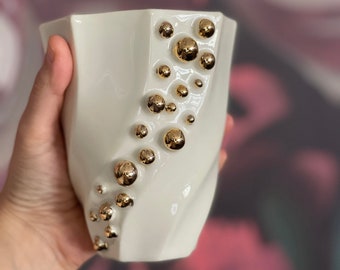 White Polka Dotted Gold Plated Handleless Mug