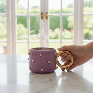 Purple Handmade Polka Dot Ceramic Mug 24k Gold Detail with handle Artisan Pottery Gift