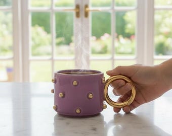Purple Handmade Polka Dot Ceramic Mug 24k Gold Detail with handle Artisan Pottery Gift