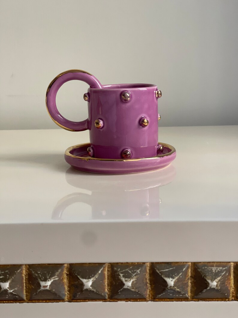 Purple Polka Dotted Gold Plated Coffe Cup image 4