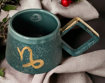 Green Gold Plated Handmade Ceramic Zodiac Mug or Cup Capricorn