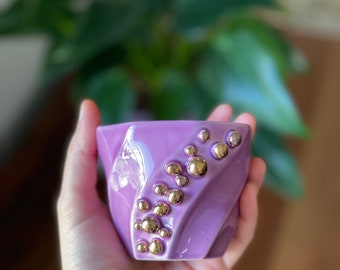 Purple Polka Dotted Gold Plated Handleless Mug