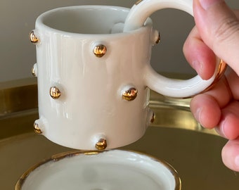 White Polka Dotted Gold Plated Handled Coffee Cup or Mug