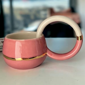 White Pink Handled Gold Striped Coffee Cup