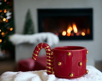 Red Polka Dotted Gold Plated Candy Handled Mug