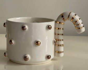 White Polka Dotted Gold Plated Candy Handled Mug