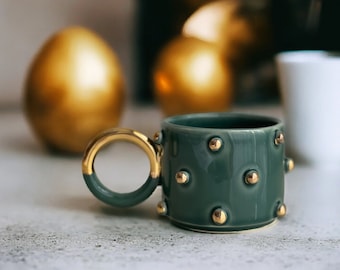 Green Polka Dotted Gold Plated Handled handmade Ceramic gift mug Coffee cup