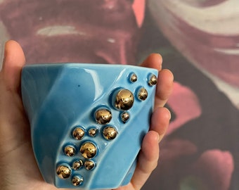 Blue Handleless Handmade 24k Gold Polka Dotted Coffee Cup