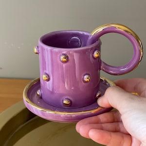 Purple Polka Dotted Gold Plated Coffe Cup image 2