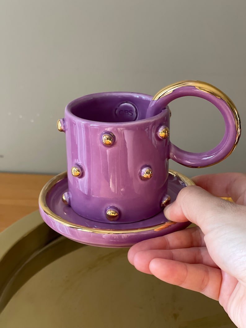 Purple Polka Dotted Gold Plated Coffe Cup image 2