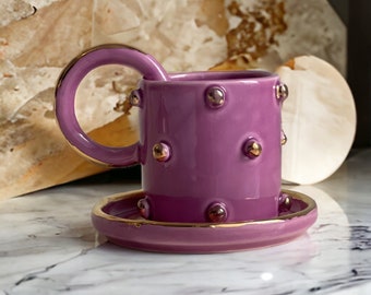 Purple Polka Dotted Gold Plated Coffe Cup