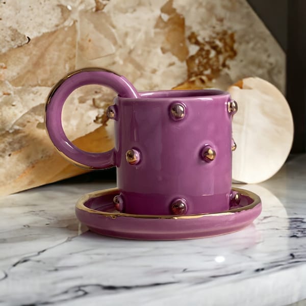 Purple Polka Dotted Gold Plated Coffe Cup